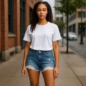 Denim Lace Hem Women's Shorts - White / Blue